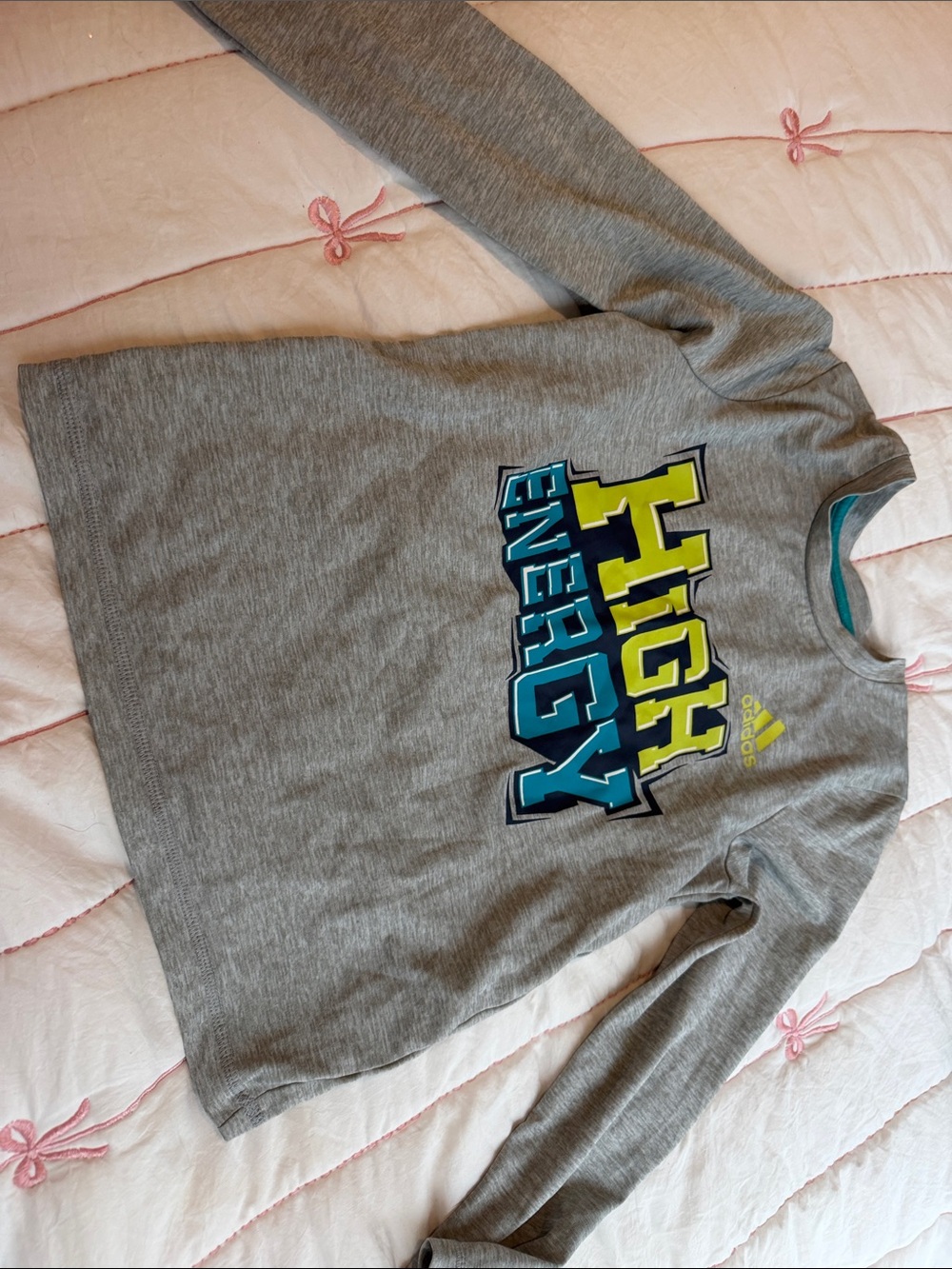 adidas Grey Long-Sleeve Tee with Yellow & Blue 'High Energy' Graphic